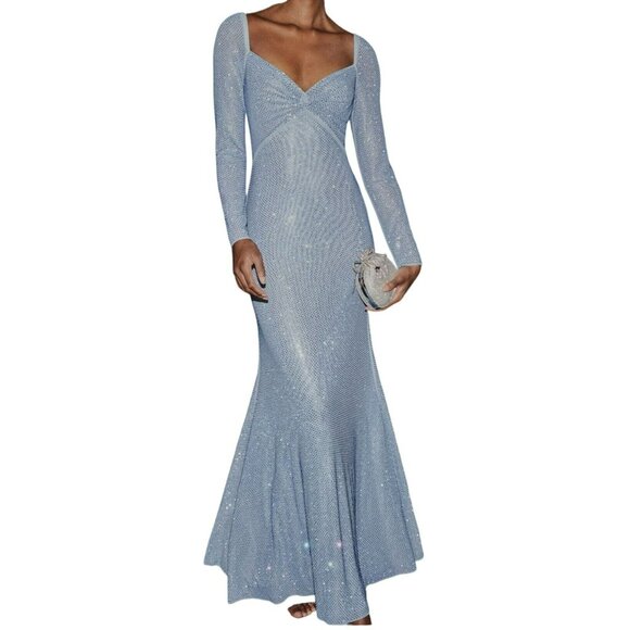 Self Portrait $870 Blue Iridescent Rhinestone Maxi Dress Formal Gown Size 4 NWT - Picture 5 of 10